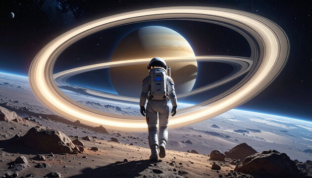 Astronaut explores distant planet with ringed world in cosmic background