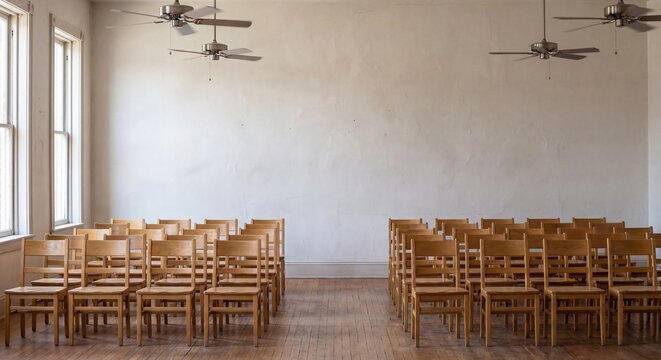 Rows of wooden chairs in an empty hall