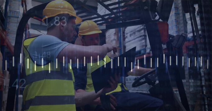 Warehouse aide checking tablet, signaling, operator steering forklift, overlays guiding placement