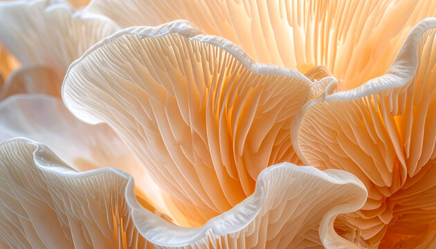 Close up of oyster mushroom gills revealing intricate texture and glowing light