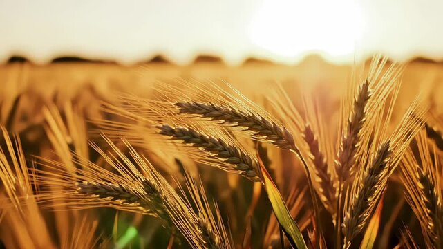 Cinematic close up of golden wheat ears swaying in the wind under warm sunset sunlight, agriculture and food supply concept