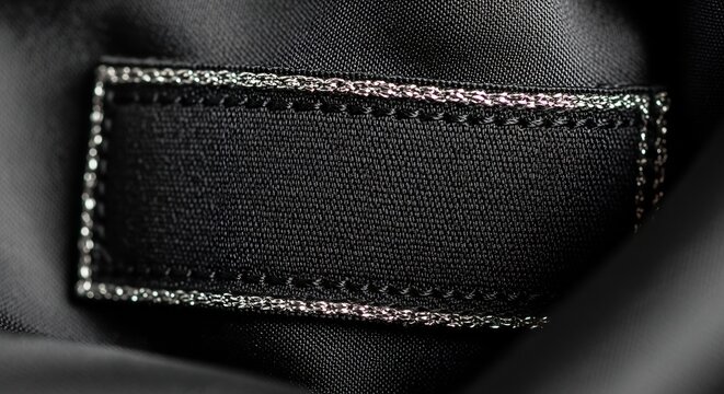 Close up of a blank black clothing label with decorative stitching.