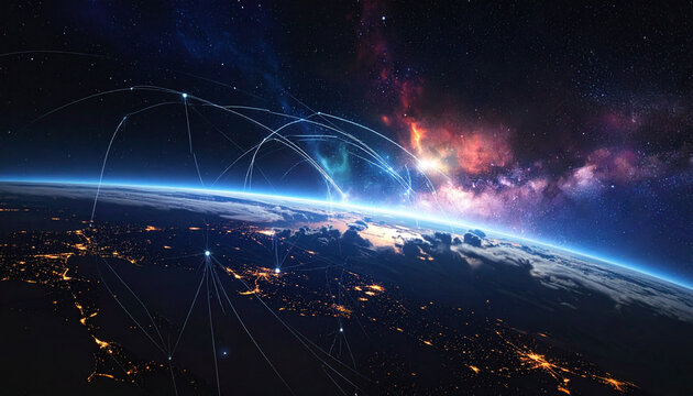 Global network connections over earth showing technology and data transfer