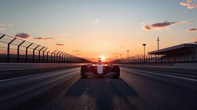 Dramatic Formula 1 racing car poised on asphalt track bathed in golden sunset light, race circuit fences framing the scene under a vibrant sky.