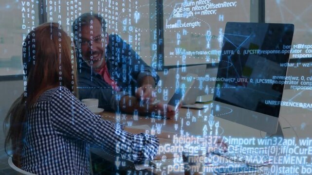 Man showing tablet and pointing, woman pausing typing following animated code for tech review