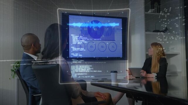 Business presenter tapping tablet, initiating HUD rings, pointing at monitor, charts showing growth