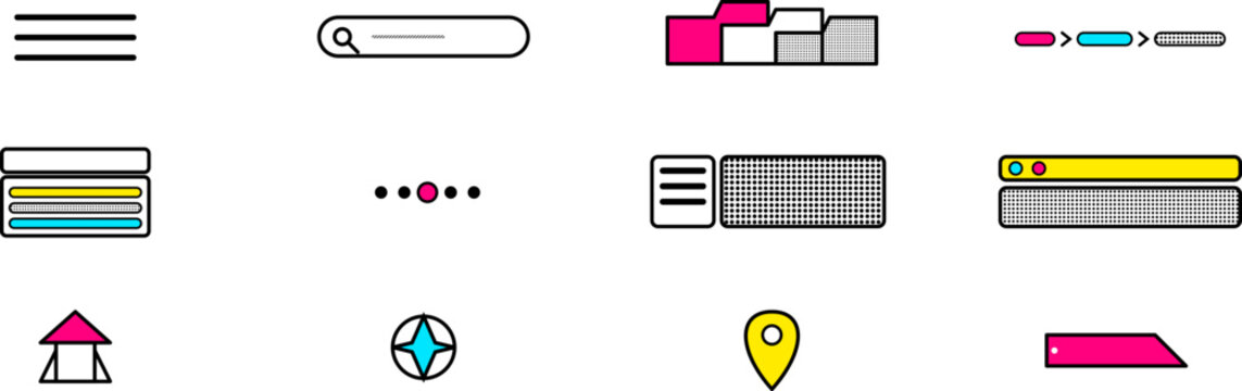 Hand-drawn neo-brutalist user interface components set including navigation menus search bars and colorful graphic design illustration