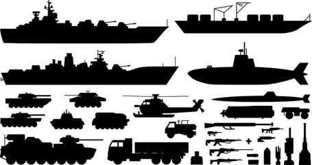 Comprehensive military vehicles and weapon silhouettes collection featuring warships submarines tanks helicopters trucks missiles and firearms isolated vector set © Md