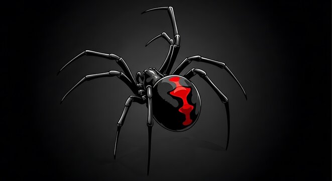 Glossy Black Spider with Red Markings on Dark Background