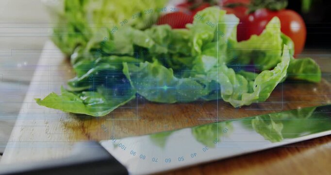 Knife nudging and camera shifting focus, food HUD highlighting, revealing lettuce texture on board