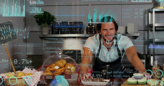 Male baker leaning behind counter, animated finance charts appearing over pastries, promoting sales