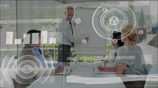 Presenter writing on chart, causing HUD bars animating over table while team noting business plans