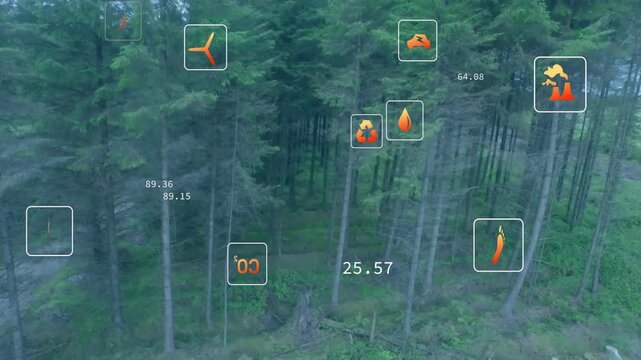 Drone scanning conifer forest, advancing and tagging trees with orange icons, numbers for forestry
