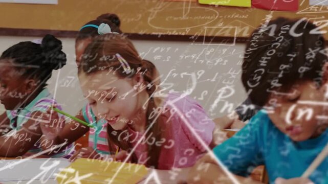 Students writing math problems in classroom, camera panning revealing math overlay sweeping desks