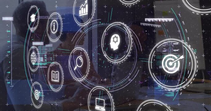 Center person typing on laptop, team comparing notes, HUD icons rotating over glass for designers
