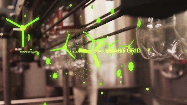Advancing conveyor pushing bottles under guide rails at bottling line for SMART GRID monitoring HUD