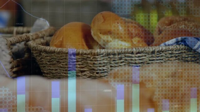 Camera shifting and charts appearing drawing focus onto challah, animated bars showing bakery data