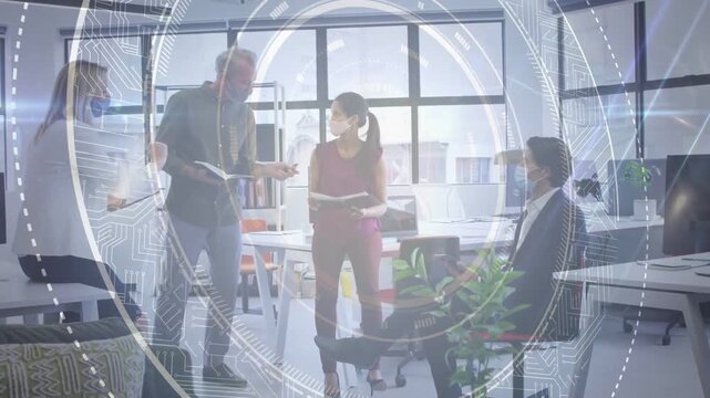 Four office workers passing papers when taller man pointing, overlay aiding office reviewing
