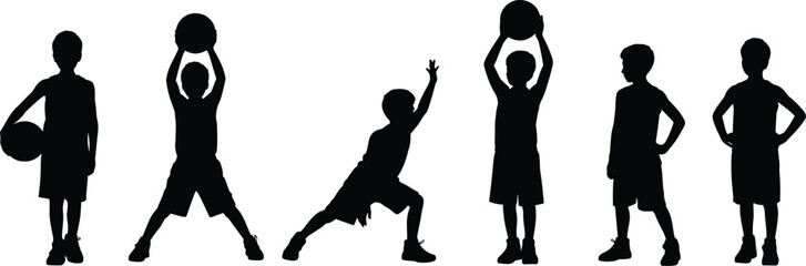 Large collection of black silhouettes of young boys playing basketball in various active poses and sports attire for kids physical activity concept illustrations. © Mehedi