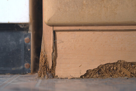 Water Damaged Kitchen Cabinet Base Close-Up: Swollen and Crumbling Particleboard from Moisture Exposure | Furniture Deterioration and Home Renovation Concept