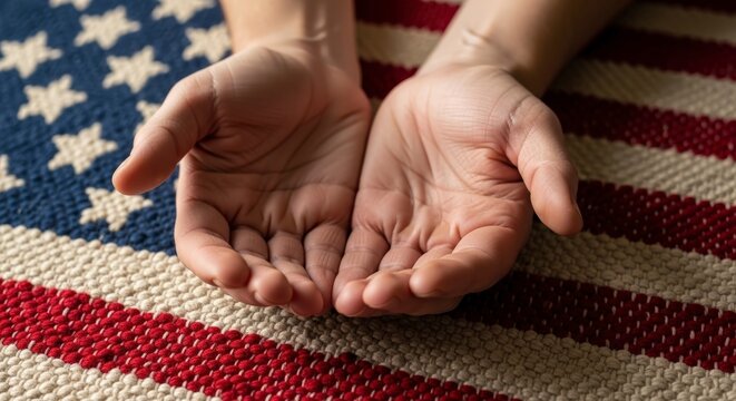 American hands on USA flag background.