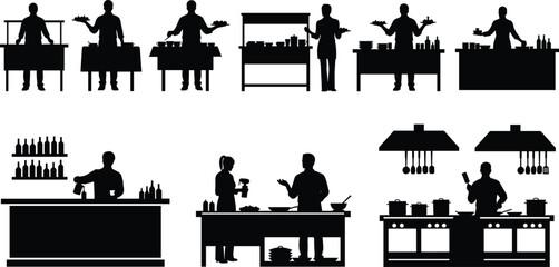 Obraz premium Chef cooking and food preparation silhouette set, kitchen staff and restaurant workflow illustration, culinary activity scenes, professional cooking process, catering and hospitality concept