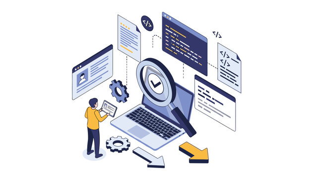Software engineer uses a magnifying glass to inspect digital code on a laptop for quality assurance and system optimization processes.
