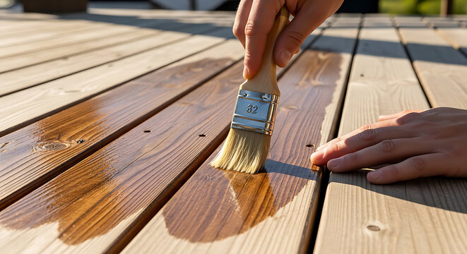 A person applying wood stain to a deck with a brush.