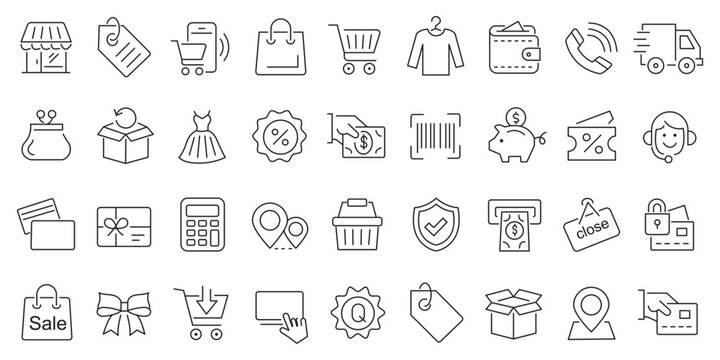 E-commerce and Payment Editable Line Icon Set. Shopping Cart, Credit Card, Online Store, Money, Security, and Delivery