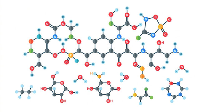 Flat 2.0 Style Chemical Molecule Structure Vector Illustration
