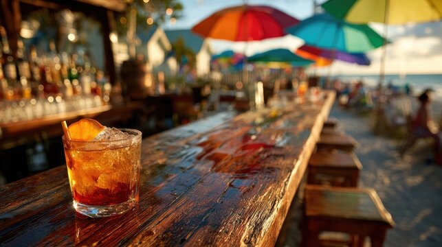 Tropical Beachfront Bar Scene with Vibrant Umbrellas and Refreshing Cocktail at Sunset