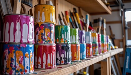 Fototapeta premium Colorful paint cans lined up on a wooden shelf in an artist's workshop with brushes in the background.
