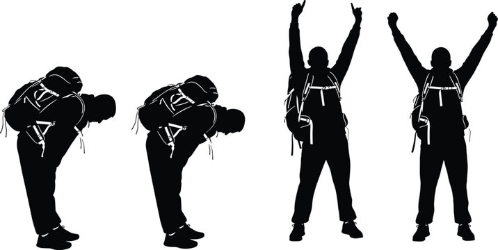 Silhouette of skydiver parachutist performing landing sequence, bending forward and celebrating success, extreme sport concept, adventure lifestyle, airborne action, isolated on white background