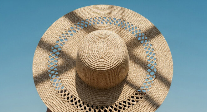 Wide-brimmed straw hat with shadow under clear blue sky - Summer Vacation Concept