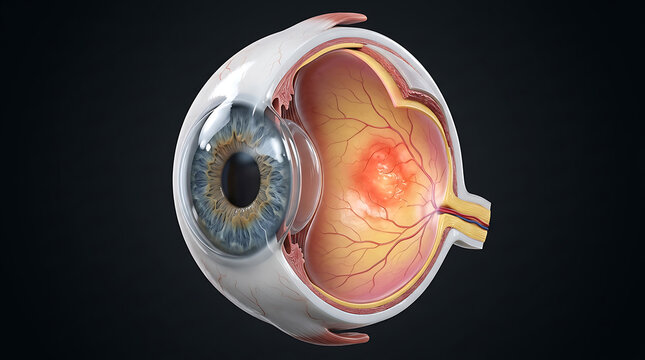 3D Medical Illustration of Human Eye Anatomy Cross-Section with Retinal Disease, Inflammation, or Damage