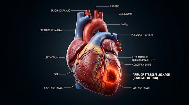 Detailed 3D human heart anatomy with highlighted ischemic region, showing cardiac stress and potential blockage.