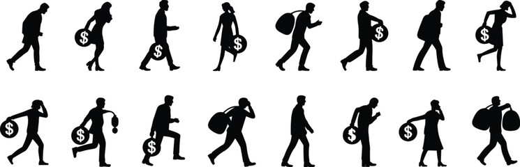 Fototapeta premium Panoramic set of black silhouettes showing people running and walking with bags of money for financial profit success wealth or crime thriller concepts.