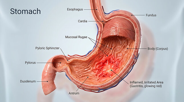Human Stomach Anatomy with Gastritis: Detailed Medical Illustration of Inflamed Digestive Organ