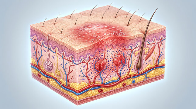 Human skin cross-section with inflamed infection: Medical illustration of an abscess or boil