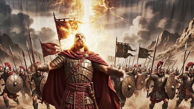 Epic biblical commander Joshua kneeling in prayer during a cinematic ancient battle scene, seeking divine intervention for his army, a powerful illustration of faith and military leadership.