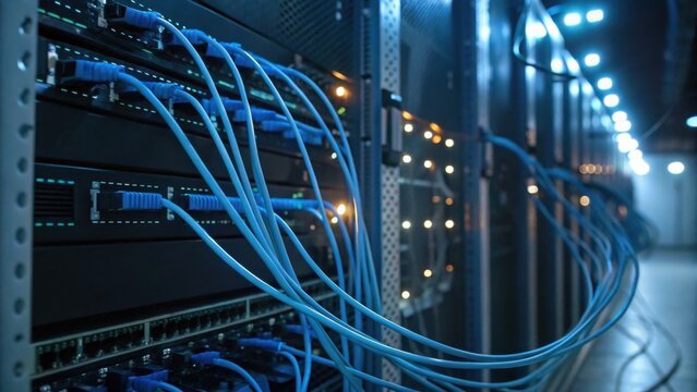 A row of network servers connected by multiple blue Ethernet cables in a dimly lit data center corridor.