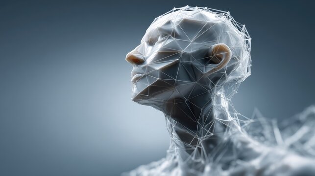 Abstract Human Portrait with Geometric Lines and Connections Emphasizing Technology and Future Perspectives of Innovation and Artificial Intelligence