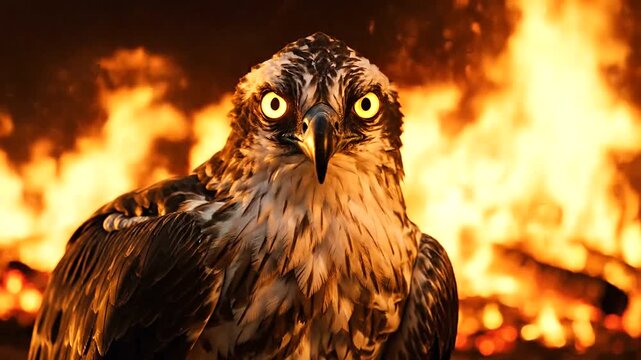 Eagle standing in front fire.