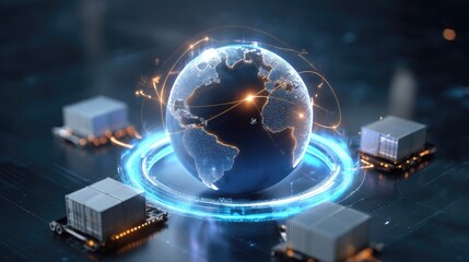 Obraz premium Digital representation of interconnected global supply chains with network and cargo shipping containers on a futuristic background in a high-tech environment