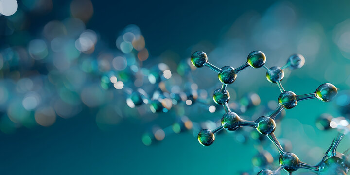 Abstract molecular structure with green glowing spheres, science background for medical research and innovation, digital render.