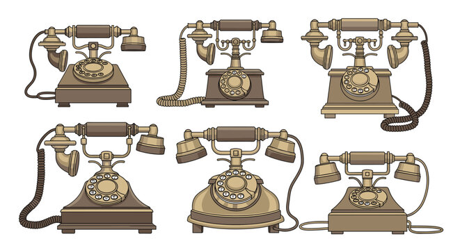 Selection of vintage rotary telephones in classic styles and metallic finishes showing the evolution of old communication technology.