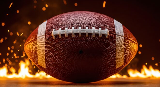 American football close up against fiery background with sparks flying upwards intense sport action and competitive spirit concept.