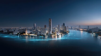 Fototapeta premium Stunning Night View of Urban City Skyline with Towering Buildings Reflected on Calm Water Surface during Twilight Hours in Metropolis