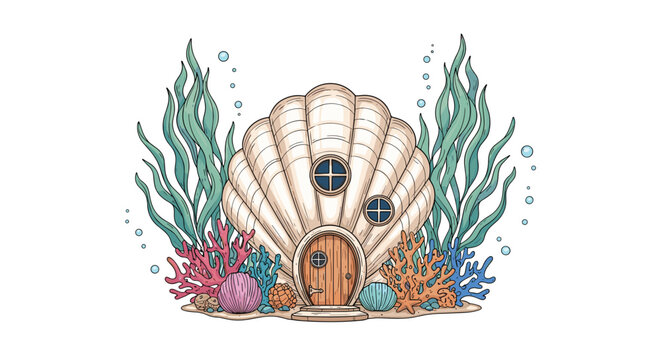 Magical underwater scene of a whimsical house built inside a giant seashell, surrounded by colorful coral reefs, seaweed, and floating bubbles.