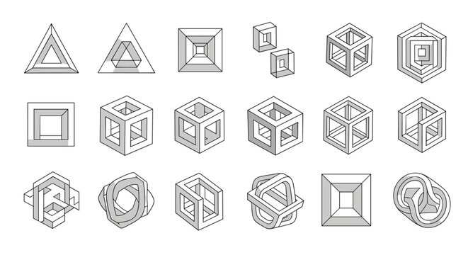 Set of black and white impossible geometric shapes and optical illusions including distorted cubes and interconnected loops on a white background.